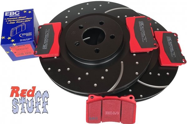 Przednie CERAMICZNE klocki RedStuff + NAWIERCANE NACINANE tarcze hamulcowe 355mm EBC seria GD Ford Mustang 2005-2014