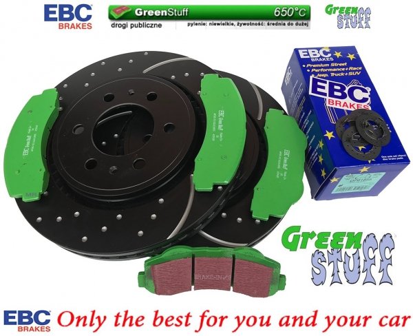 Przednie klocki GreenStuff + NAWIERCANE NACINANE tarcze hamulcowe EBC seria GD Ford Expedition 2011-