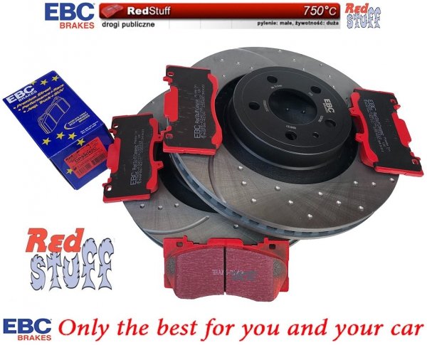 Przednie klocki RedStuff + NAWIERCANE NACINANE tarcze hamulcowe 352mm EBC seria GD Ford Mustang 2015-