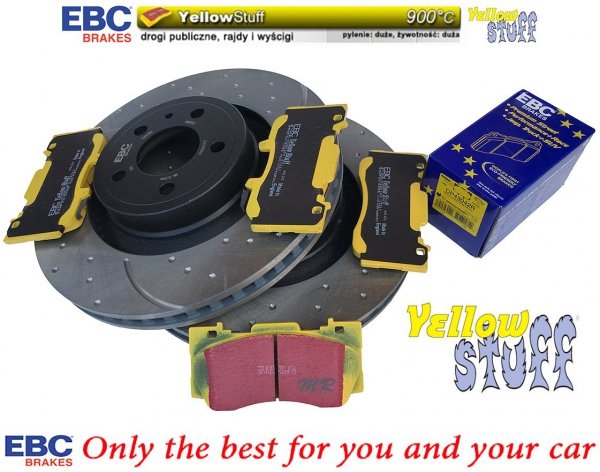 Przednie klocki YellowStuff + NAWIERCANE NACINANE tarcze hamulcowe 352mm EBC seria GD Ford Mustang 2015-