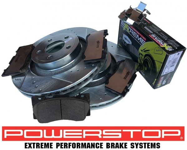Przednie klocki + WIERCONE tarcze hamulcowe 352mm POWERSTOP Ford Mustang 2015-