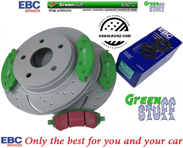 Przednie klocki GreenStuff + nawiercone nacinane tarcze hamulcowe EBC seria GD Dodge RAM 1500 2006-