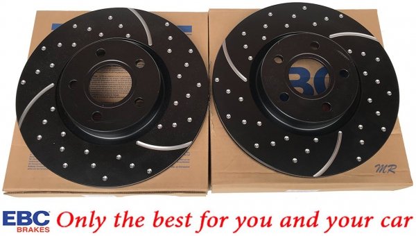Przednie CERAMICZNE klocki RedStuff + NAWIERCANE NACINANE tarcze hamulcowe 300mm EBC seria GD Ford Escape FWD 2013-2019