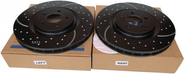 Przednie CERAMICZNE klocki RedStuff + NAWIERCANE NACINANE tarcze hamulcowe 355mm EBC seria GD Ford Mustang 2005-2014