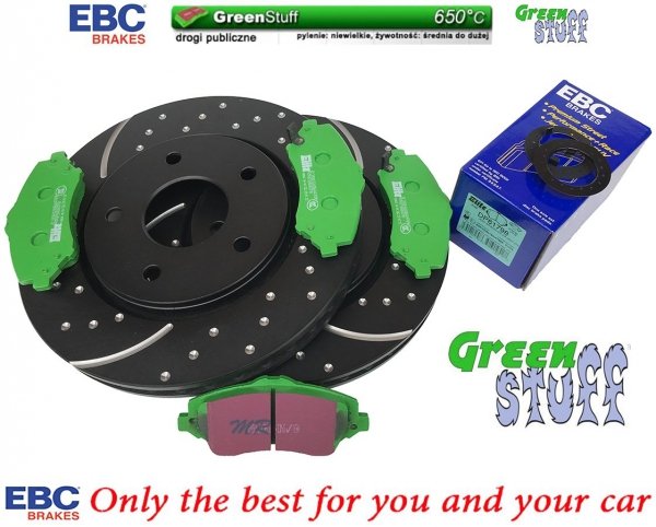 Przednie klocki GreenStuff + NAWIERCANE NACINANE tarcze hamulcowe 302mm EBC seria GD Dodge Caravan -2012