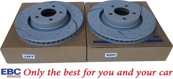 Przednie klocki RedStuff + NAWIERCANE NACINANE tarcze hamulcowe 320mm EBC seria GD Ford Mustang 2015-