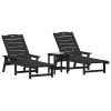 3-częściowy zestaw leżaków ogrodowych - Czarny HDPE,  Leżak - Czarny 53x162x98.5 cm HDPE,  Stolik boczny Adirondack - Czarny 38x38x45 cm HDPE