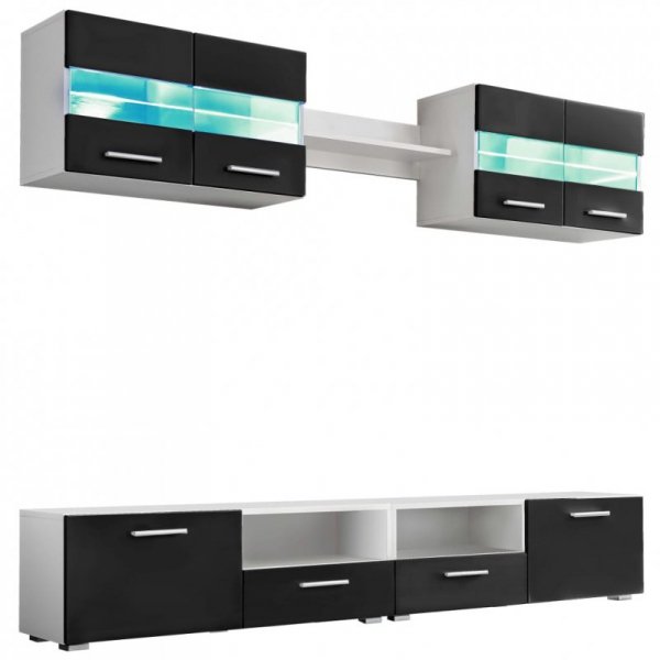 Meblościanka z LED pod TV, 5 elementów, czarna na wysoki połysk