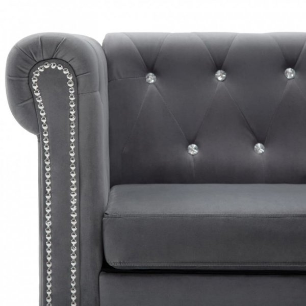 Sofa Chesterfield, 3-os., obita aksamitem, 199x75x72 cm, szara