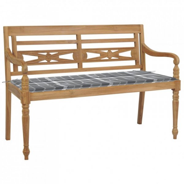 Ławka Batavia z poduszką w szarą kratę, 120 cm, lity tek