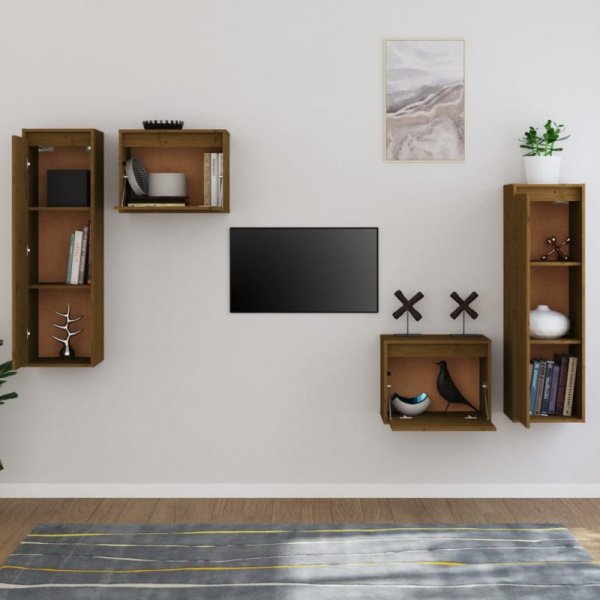 Szafki pod TV, 4 szt., miodowy brąz, lite drewno sosnowe