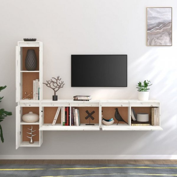 Szafki pod TV, 4 szt., białe, lite drewno sosnowe