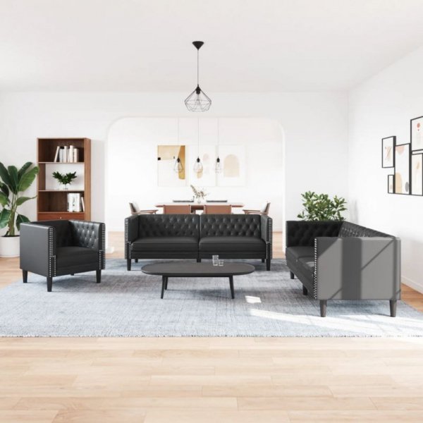 3-cz. zestaw wypoczynkowy Chesterfield, czarny, sztuczna skóra