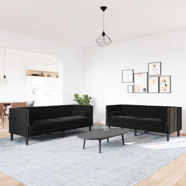 2-cz. wypoczynek Chesterfield z wałkami, czarny, aksamit