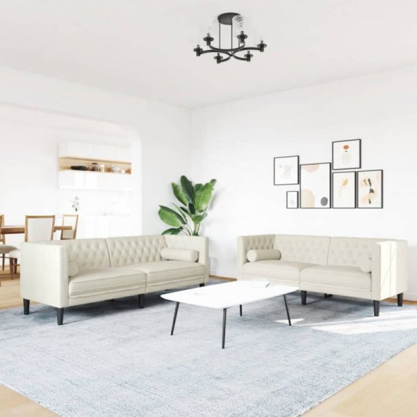 2-cz. wypoczynek Chesterfield z wałkami, kremowy, aksamit