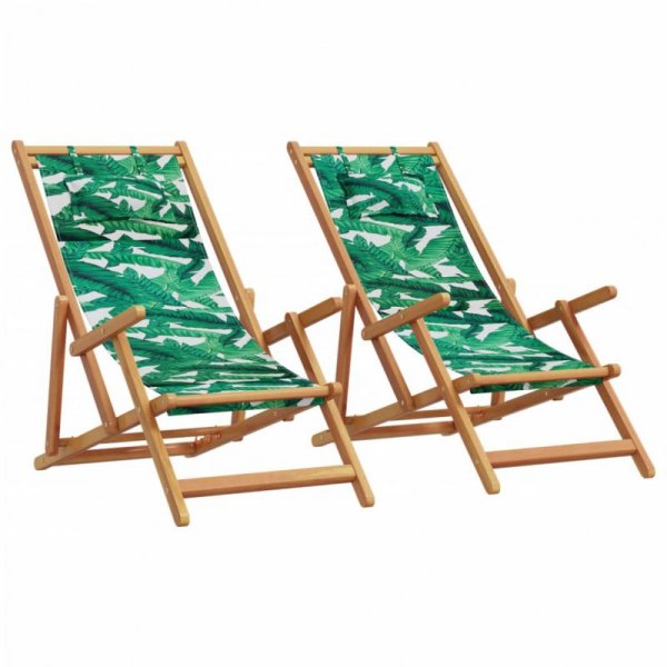 Składane krzesła plażowe 2 szt., wzór w liście tkanina i drewno