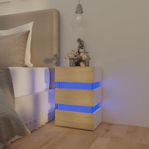 Szafka nocna z LED, biel i dąb sonoma, 45x35x67 cm