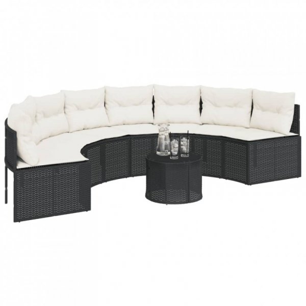 Sofa ogrodowa z poduszkami, półokrągła, czarny rattan PE