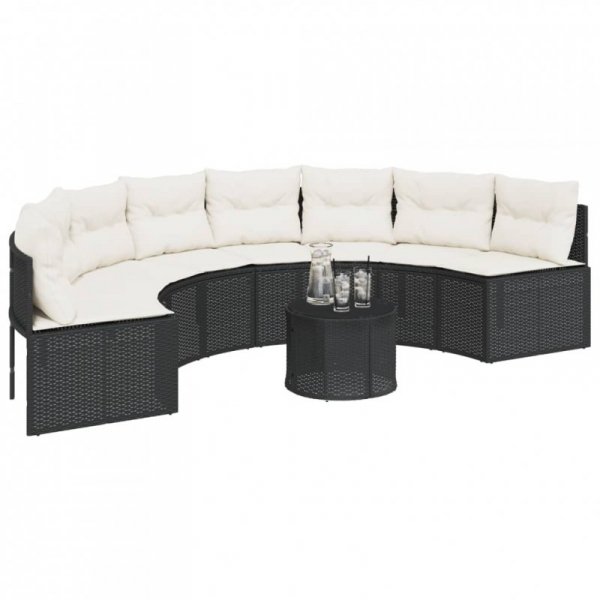 Sofa ogrodowa, stolik i poduszki, półokrągła, czarny rattan PE