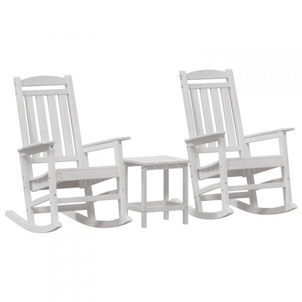 Zestaw mebli ogrodowych  3-częściowy Biały HDPE, Bujane krzesło  Białe 70x92x108 cm HDPE, Stolik boczny  Biały 38x38x45 cm HDPE