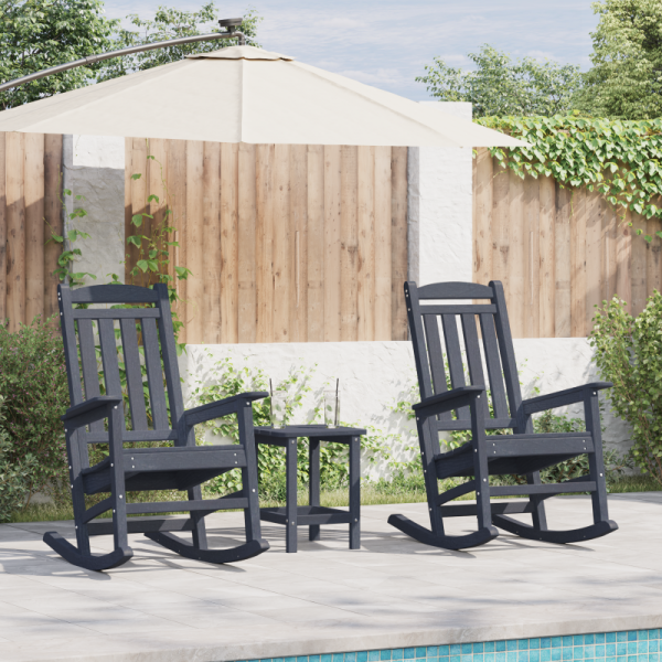 3-częściowy Zestaw Mebli Ogrodowych Granatowy HDPE,  Granatowe Krzesło Bujane 70x92x108 cm HDPE,  Stolik boczny Granatowy 38x38x46 cm HDPE