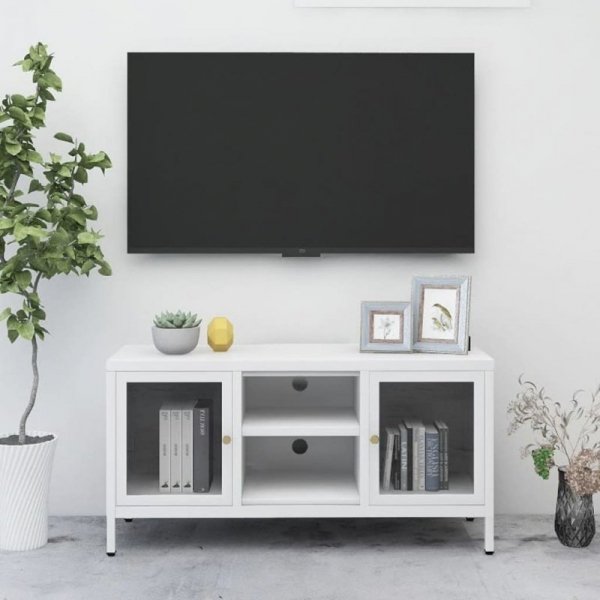 Szafka pod telewizor, biała, 105x35x52 cm, stal i szkło