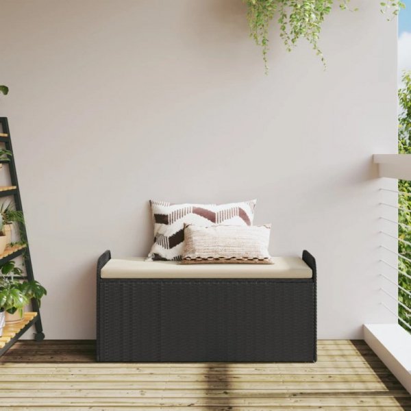 Ławka ze schowkiem i poduszką, czarna, 115x51x52 cm, polirattan
