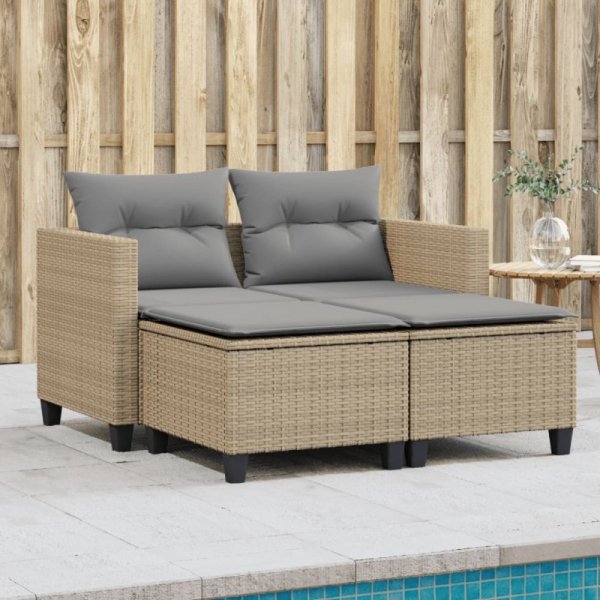 Sofa ogrodowa 2-osobowa ze stołkami, beżowa, rattan PE