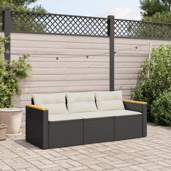 Sofa ogrodowa z poduszkami, 3-osobowa, czarna, polirattan