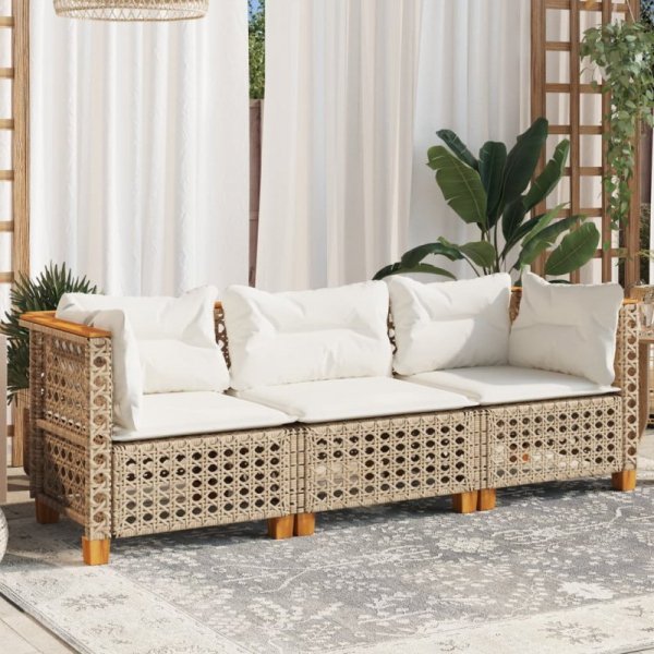 Sofa ogrodowa z poduszkami, 3-osobowa, beż, polirattan