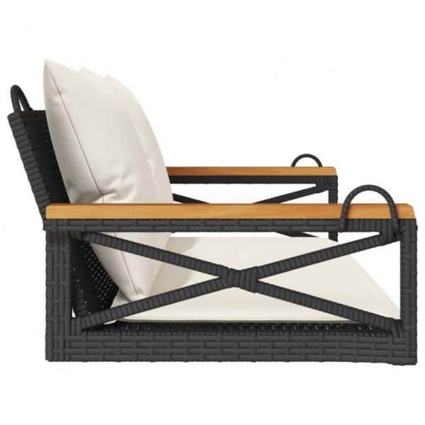 Ławka bujana z poduszkami, czarna, 109x62x40 cm, polirattan