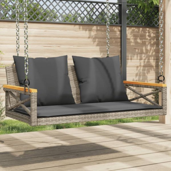 Ławka bujana z poduszkami, szara, 109x62x40 cm, polirattan