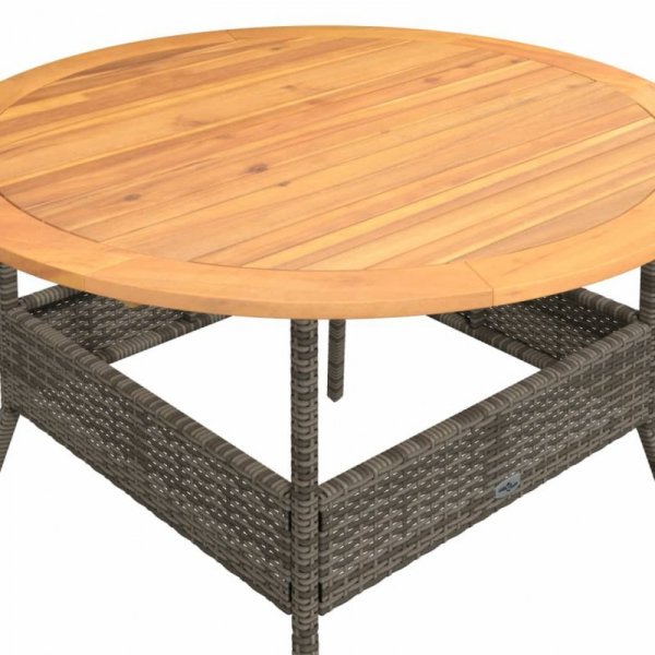 Stół ogrodowy z akacjowym blatem, szary, Ø110x71 cm, rattan PE