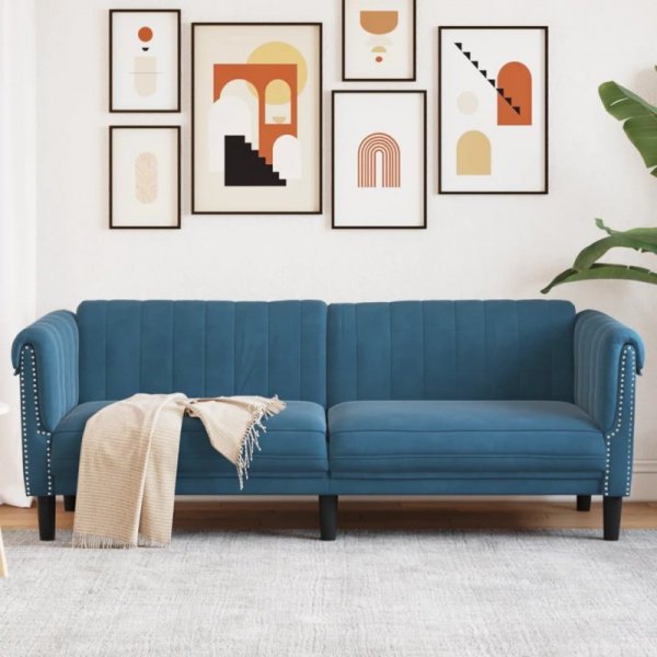 Sofa 3-osobowa, niebieska, tapicerowana aksamitem