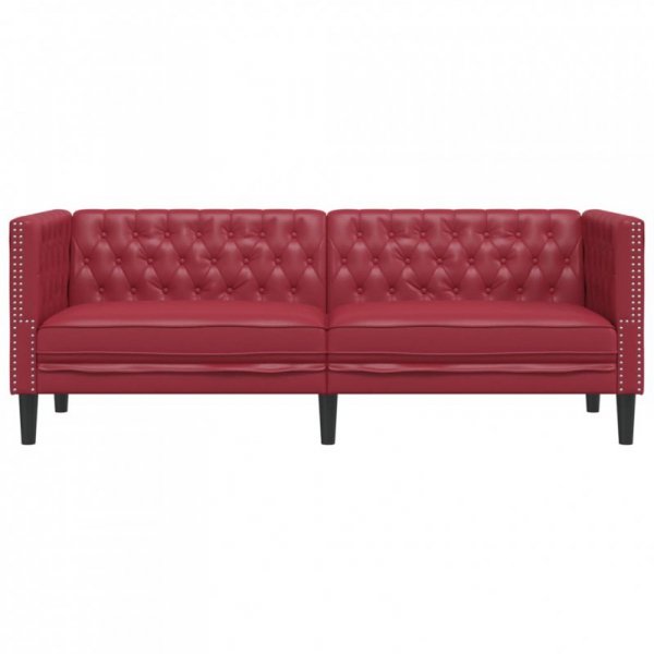 Sofa Chesterfield, 3-os., bordowa, tapicerowana sztuczną skórą