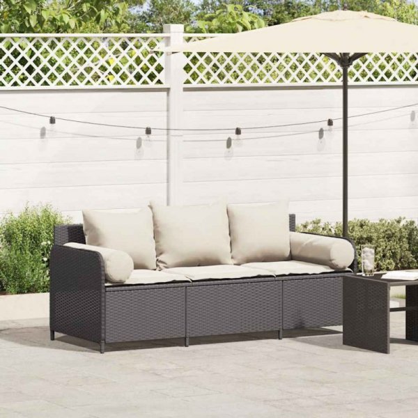 Sofa ogrodowa z poduszkami, 3-osobowa, czarna, polirattan