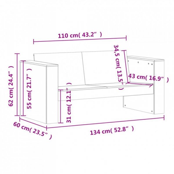 Sofa ogrodowa, 2-osobowa, 134x60x62 cm, lite drewno daglezjowe