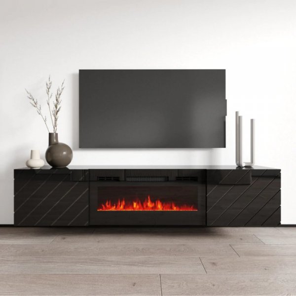 Komoda RTV LUXO EF czarna / kominek czarny