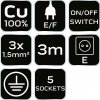 Przedłużacz listwowy 3m, 3x1.5mm2, 5G, biały, ON/OFF