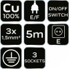 Przedłużacz listwowy 5m, 3x1.5mm2, 3G, biały, ON/OFF
