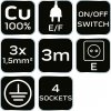 Przedłużacz listwowy 3m, 3x1.5mm2, 4G, czarny, ON/OFF