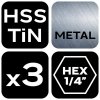 Zestaw wierteł stopniowych HSS TiN, 3-20 mm, Hex, 3 szt.