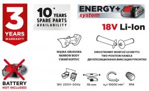 Szlifierka kątowa akumulatorowa Energy+ 18V, Li-Ion, tarcza 115 x 22.2 mm, bez akumulatora