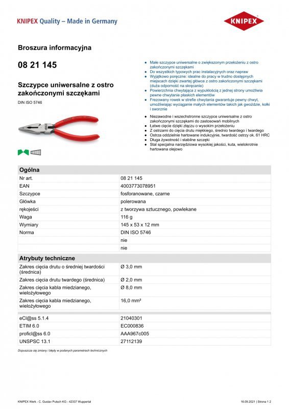 SZCZYPCE UNIWERSALNE Z OSTRO ZAKOŃCZONYMI SZCZĘKAMI PCV 145M (1 SZT)