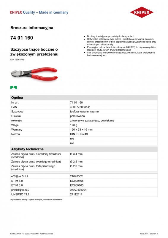 SZCZYPCE TNĄCE BOCZNE O ZWIĘKSZONYM PRZEŁOŻENIU 160MM (1 SZT)