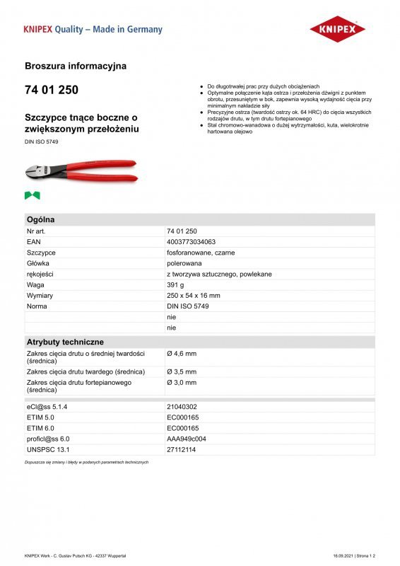 SZCZYPCE TNĄCE BOCZNE O ZWIĘKSZONYM PRZEŁOŻENIU 250MM (1 SZT)