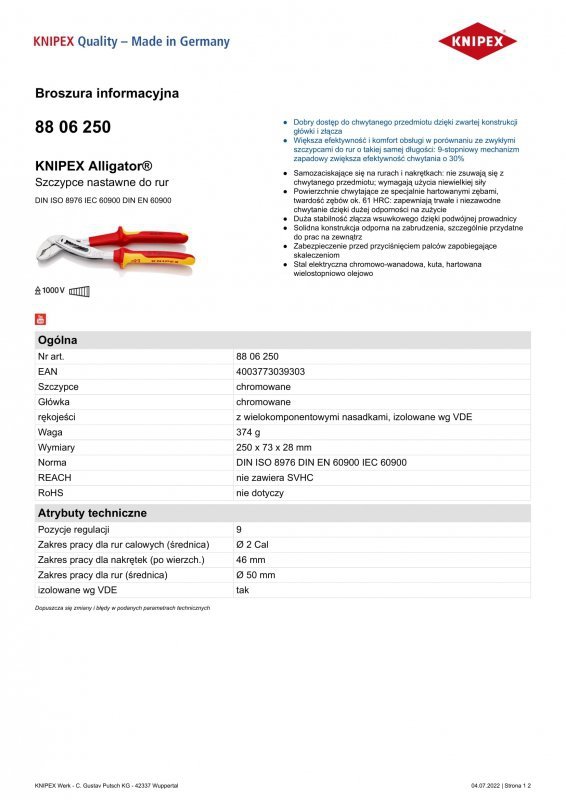 SZCZYPCE DO RUR NASTAWNE ALIGATOR  IZOLOWANE 250MM (1 SZT)