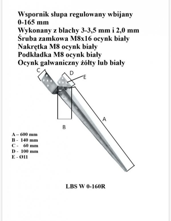 PODSTAWA SŁUPA WBIJANA REGULOWANA 0-165*700 MM (1 SZT)