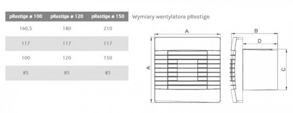 WENTYLATOR ŁAZIENKOWY PRESTIGE 150 ZG S, ŻALUZJA, STANDARD (1 SZT)