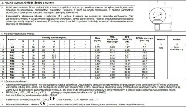 ŚRUBA Z UCHEM OCYNKOWANY DIN580 8*1.25MM (1 SZT)
